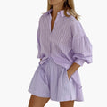 Women’s Button-Down Two-Piece Set – Short Sleeve Top and Wide Leg Trousers