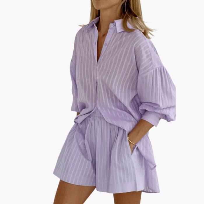Women’s Button-Down Two-Piece Set – Short Sleeve Top and Wide Leg Trousers
