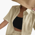 Women's Button Front Shirt and Drawstring Waist Shorts Two-Piece Set