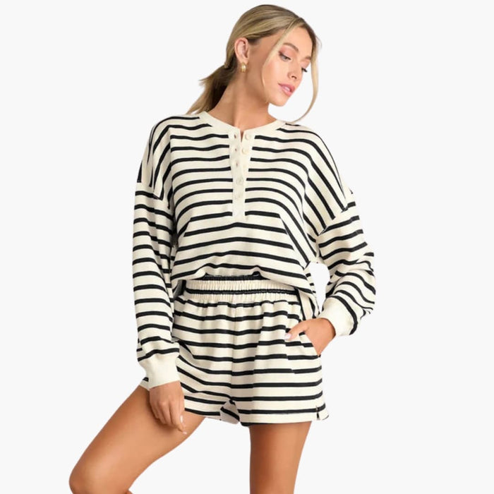 Women's Button Placket Top and Elastic Waist Shorts Two-Piece Set