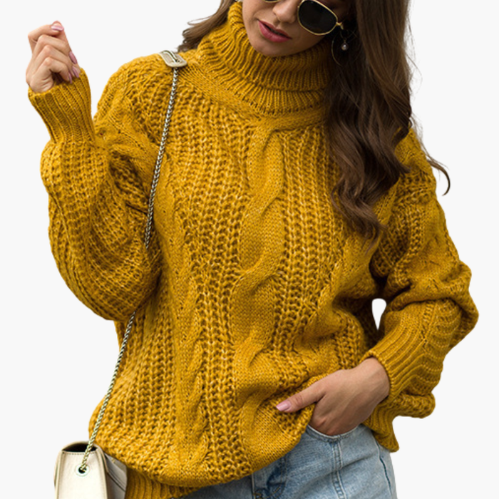 Women's Cable Knit Turtleneck Jumper with Long Sleeves