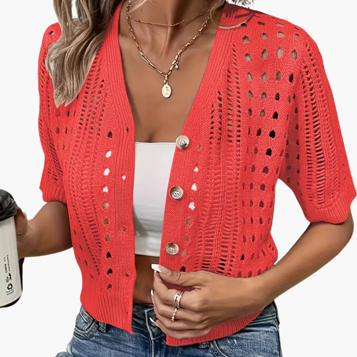 Women's Cardigan with Hollow Knit and Short Sleeve Design
