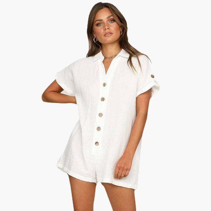 Women’s Collared Button-Front Jumpsuit with Rolled Sleeves and Pockets