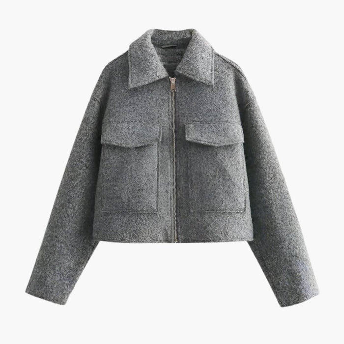 Women’s Cropped Bomber Jacket with Lapel Collar and Zip Front