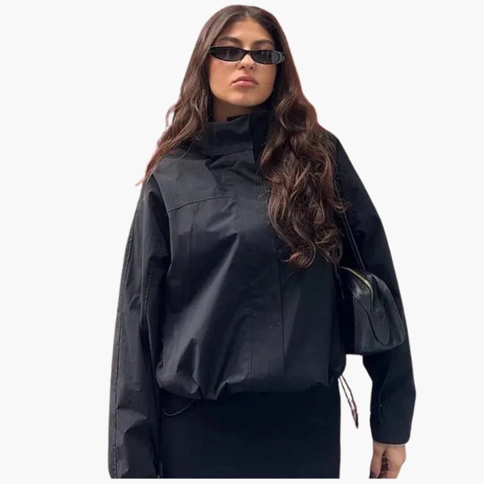 Women’s Cropped Bomber Jacket with Stand Collar and Elastic Hem