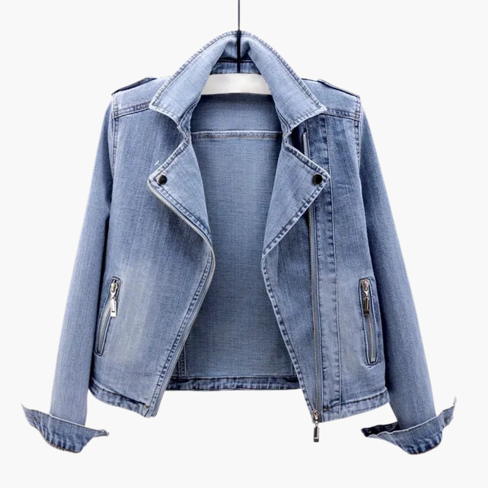 Women’s Denim Jacket with Lapel Collar and Zipper Pockets