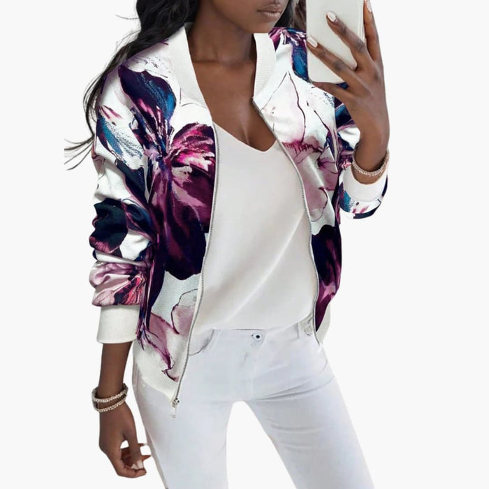Women’s Floral Design Bomber Jacket with Elastic Cuffs