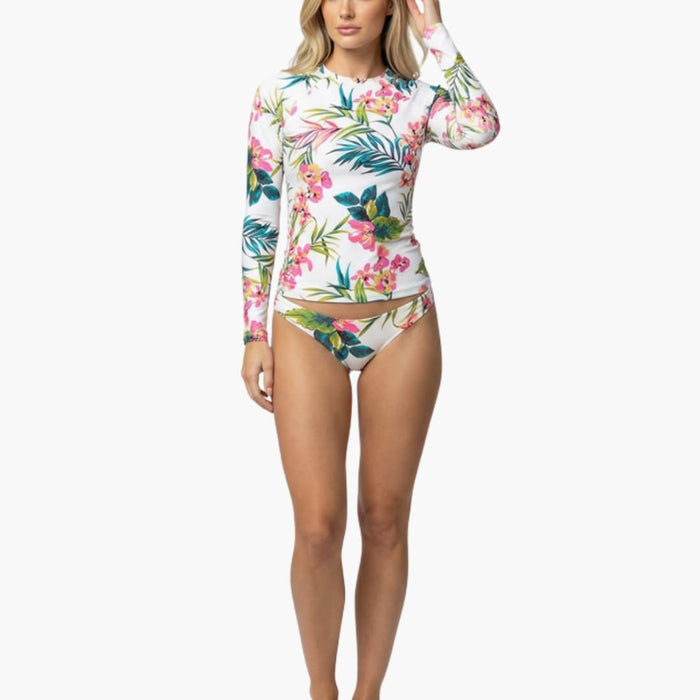 Women’s Floral Long Sleeve Rash Guard Bikini Set with Front Zip