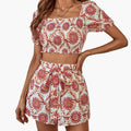 Women’s Floral Puff Sleeve Crop Top and Shorts Set – Two-Piece Outfit