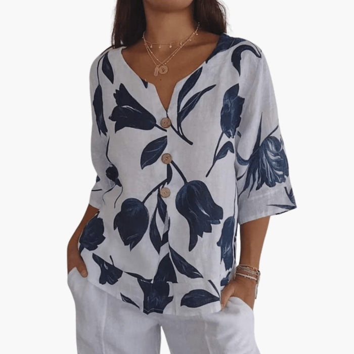 Women’s Floral V-Neck Blouse – Short Sleeve Woven Top