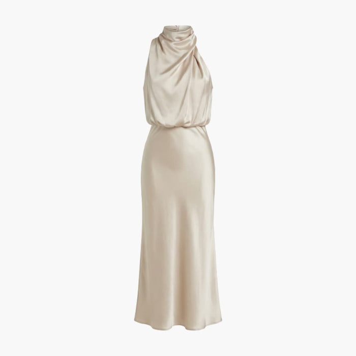 Women’s High Neck Maxi Dress with Draped Detail and Sleeveless Design