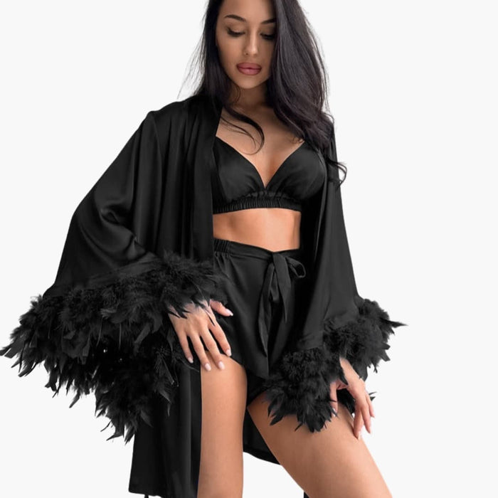 Women’s Kimono with Open Front and Feather Trim