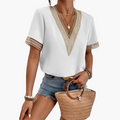 Women’s Lace Overlay Blouse with V-Neck and Short Sleeves – Hip-Length Top