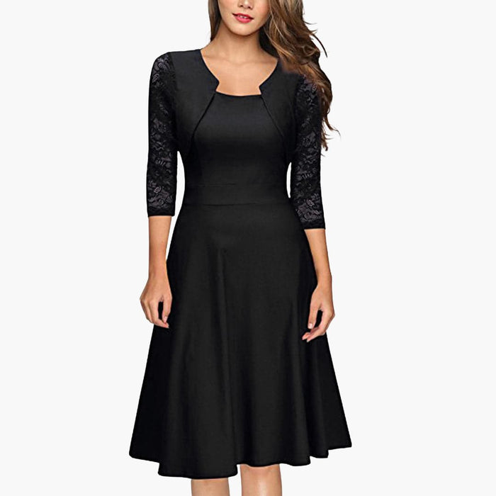 Women’s Lace Sleeve Midi Dress with Flared Skirt and Defined Waist