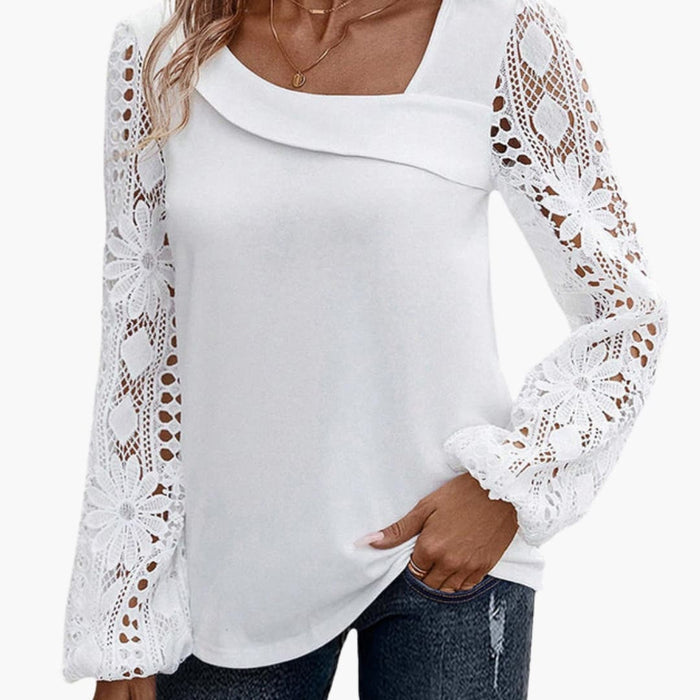 Women’s Lace Trim Crew Neck Blouse – Long Sleeve Cutout Detail Woven Top