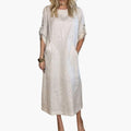 Women’s Long Sleeve Midi Dress with Side Pockets and Round Neck