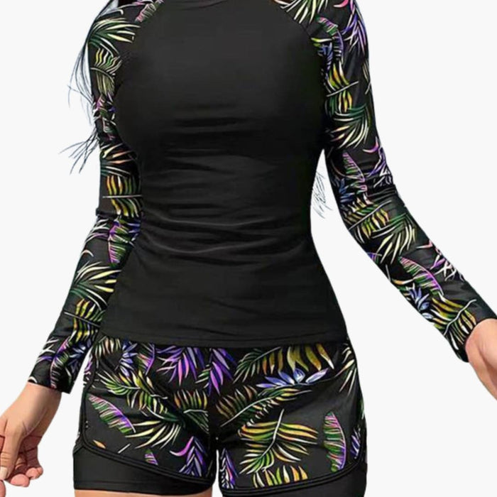 Women’s Long Sleeve Printed Tankini Set with Layered Bottom