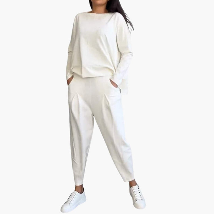 Women’s Long Sleeve Two-Piece Outfit Set – Round Neck Top and Full-Length Trousers