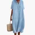 Women’s Loose Fit V-Neck Midi Dress with Short Sleeves