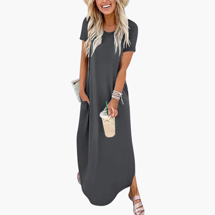 Women's Maxi Dress with Round Neck and Flowing Skirt