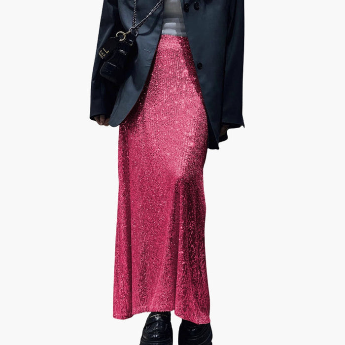 Women's Maxi Skirt with High Waist and Sequin Surface