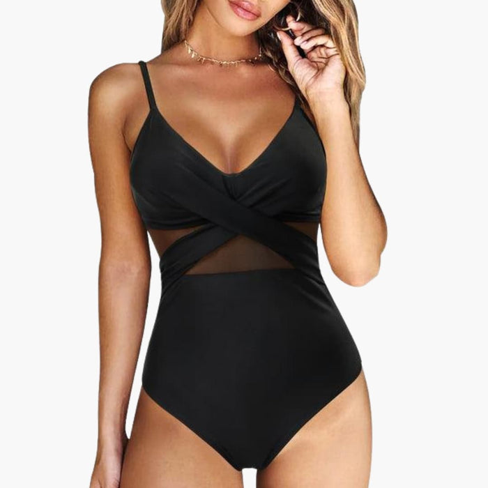 Women’s Mesh Insert One-Piece Swimsuit – Adjustable Strap Low Back Bathing Suit