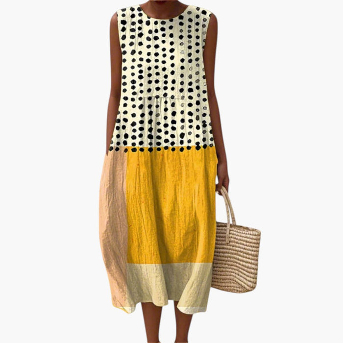 Women's Midi Dress with Sleeveless Design and Patterned Surface