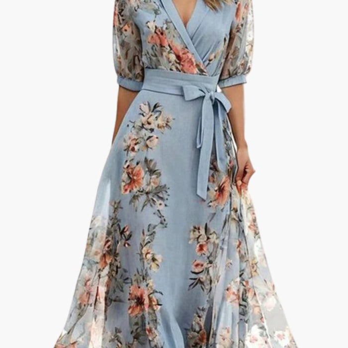Women's Midi Dress with V-Neckline and Floral Print