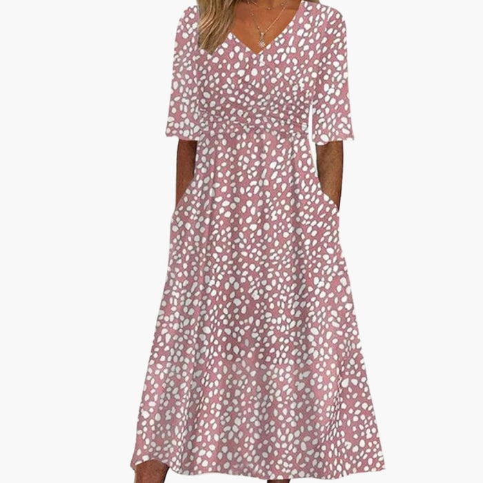 Women's Midi Dress with V Neckline and Polka Dot Pattern