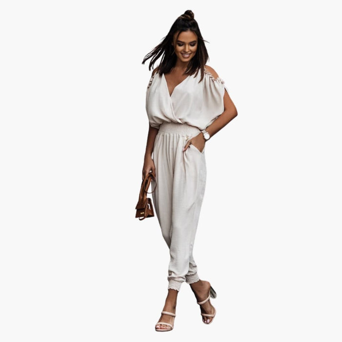 Women’s Open Shoulder Jumpsuit with Wrap V-Neck and Straight Legs