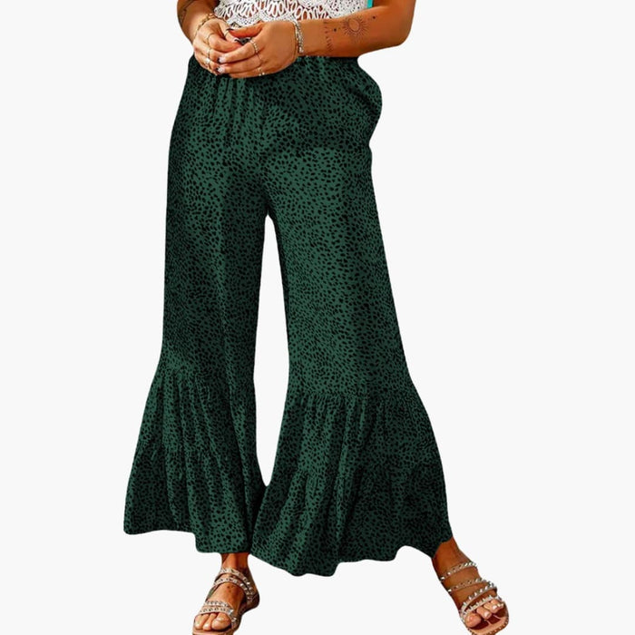 Women’s Palazzo Trousers with Elastic Waist - High Waist - Tie Belt and Feature-Pattern