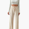 Women's Palazzo Trousers with Vertical Cord Texture and Elastic Waistband