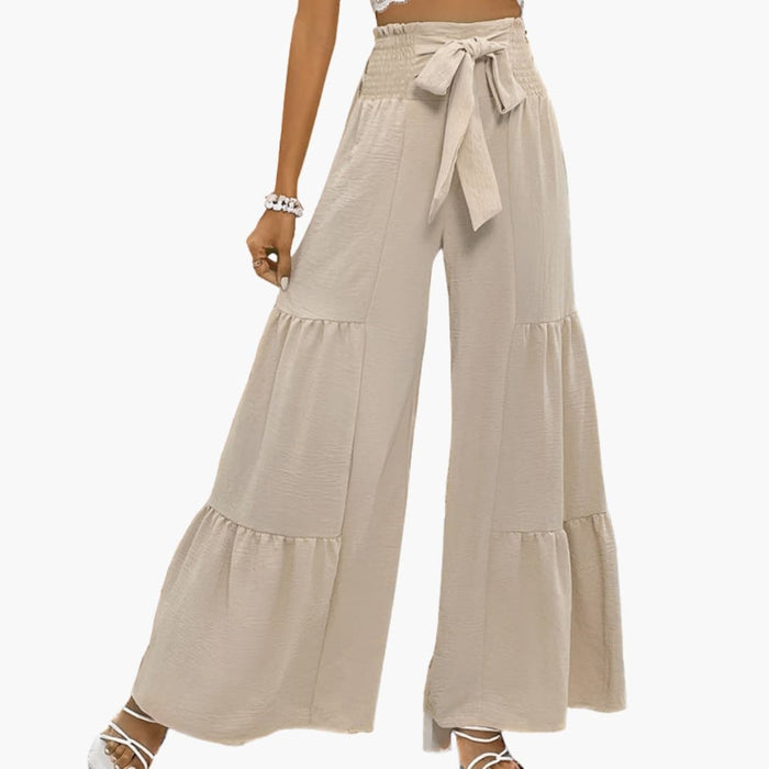 Women's Palazzo Trousers with Waist Belt and Ruffled Hem