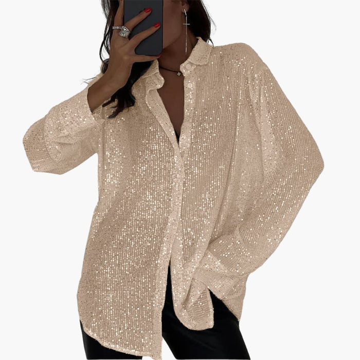 Women’s Plus Size Glitter Blouse – Long Sleeve Round Neck Shimmer Woven Top