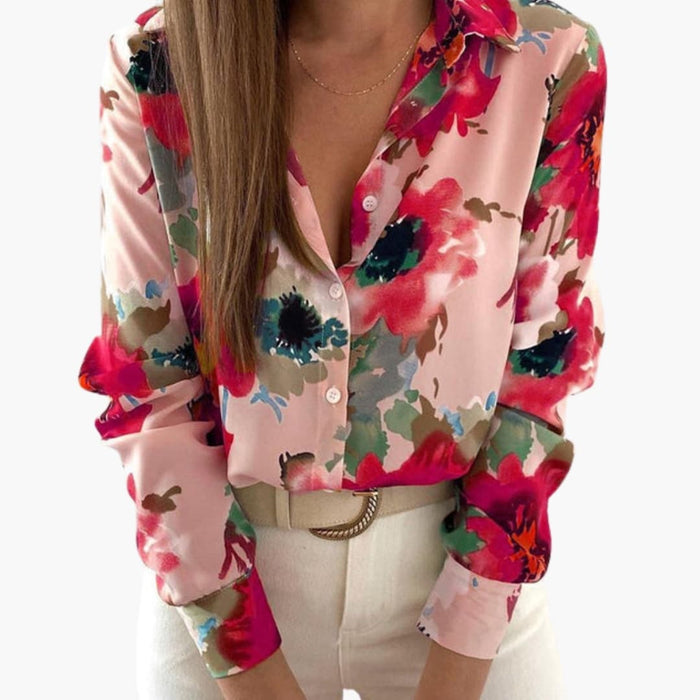 Women’s Printed Button-Down Blouse – Long Sleeve Collared Woven Polyester Shirt Top