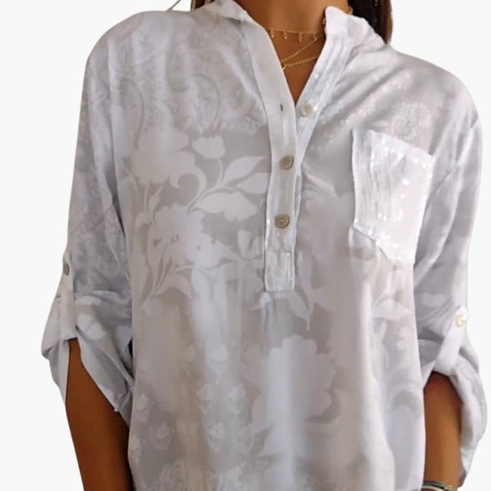 Women’s Printed Stand Collar Button-Down Blouse – Short Sleeve Pocket Shirt