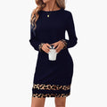 Women’s Printed Trim Dress with Round Neck and Sleeve Accents