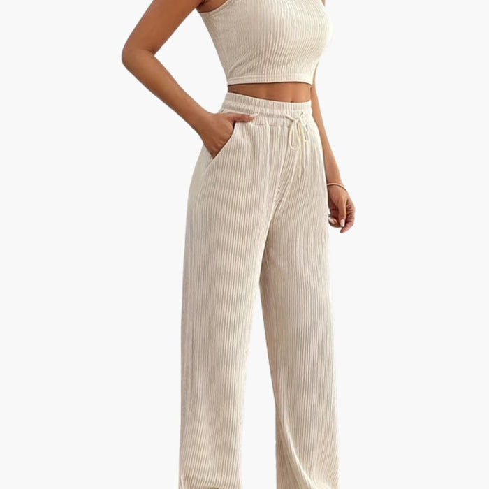 Women’s Rib Knit Set with Cropped Top and Loose Trousers