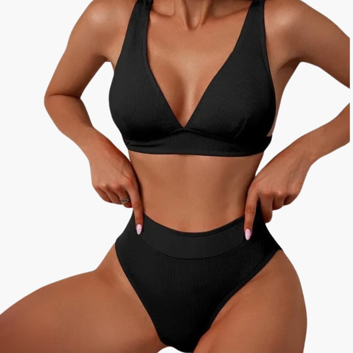 Women’s Ribbed Bikini Set with Wide Straps and High-Cut Bottom