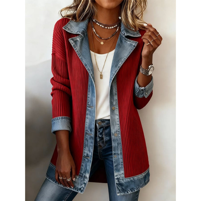 Women's Ribbed Knit Denim Collar Jacket Button-Front