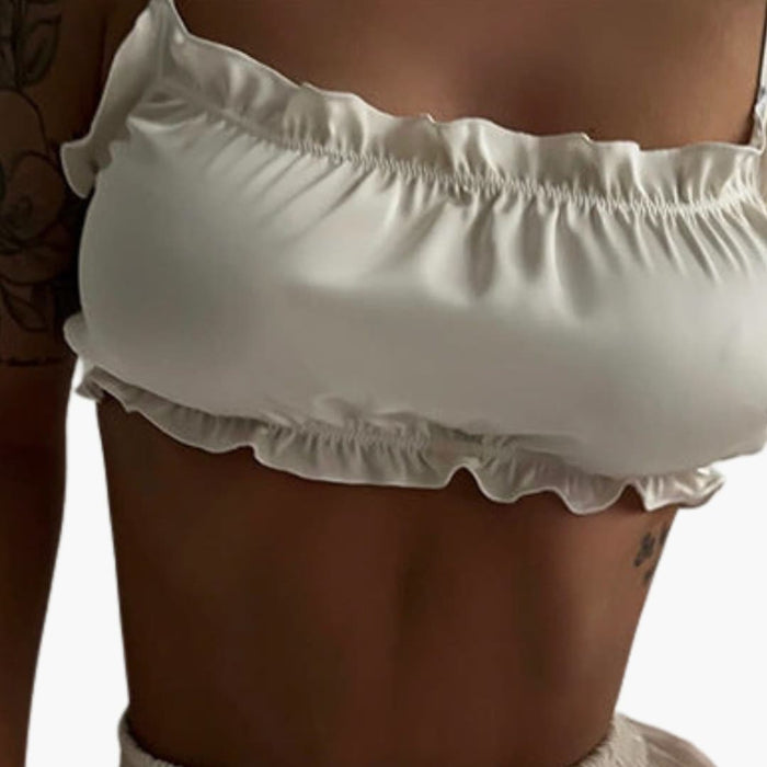 Women's Ruffle Trim Crop Top and Elastic Waist Shorts Two-Piece Set