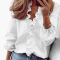 Women’s Ruffle Trim V-Neck Blouse – Long Sleeve Woven Top