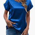 Women’s Satin Look Blouse Crew Neck – Loose Fit Short Sleeve Dressy Top