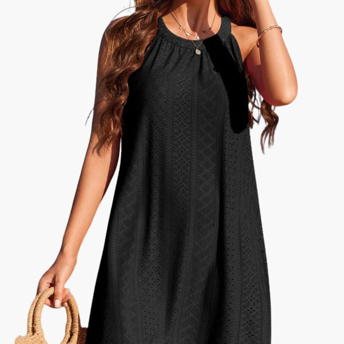 Women’s Sleeveless Halter Dress with Crochet Detail and Straight Hem