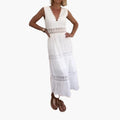 Women’s Sleeveless Lace Maxi Dress with V-Back and Tiered Ankle-Length Skirt