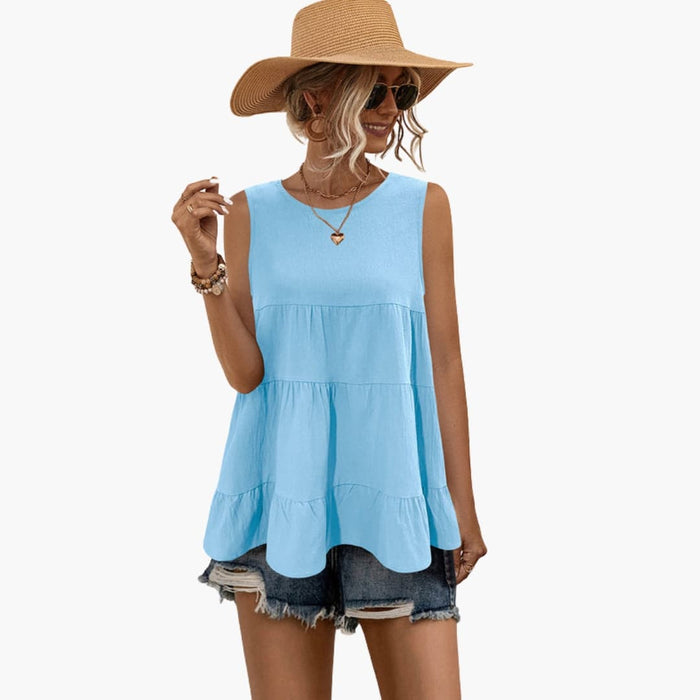 Women's Sleeveless Round Neck Top with Layered Ruffle Detail