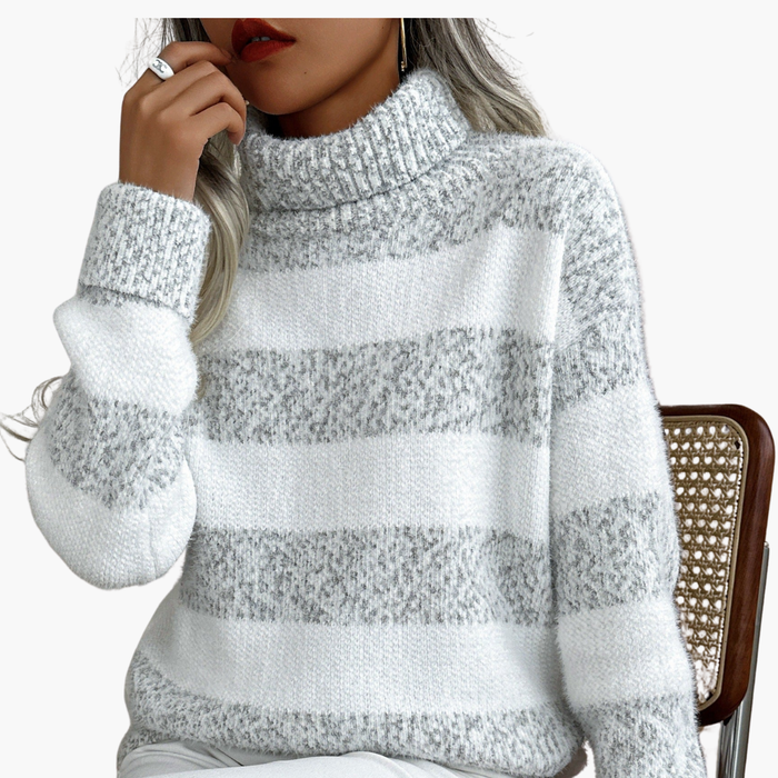 Women's Striped Turtleneck Jumper with Long Sleeves and Ribbed Edges