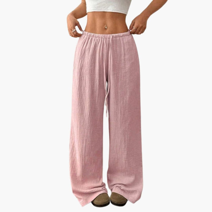 Women’s Summer Wide Leg Trousers with Elastic Waist and Side Pockets – Pull-On Full-Length Trousers