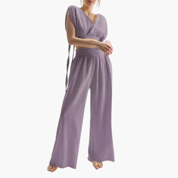 Women’s Two-Piece Jumpsuit with V-Neck and Elastic Waist