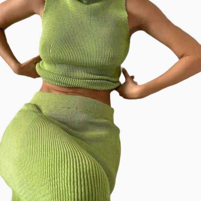 Women's Two-Piece Set with High Collar Top and Midi Skirt